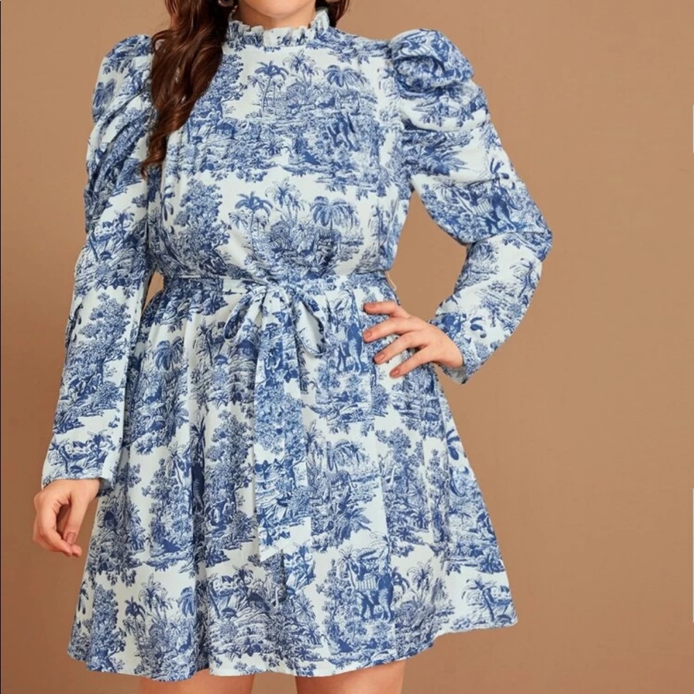 SHEIN Plus Mock Neck Landscape Print Gigot Sleeve Belted Dress
